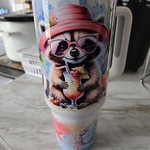 40oz Raccoon Tumbler with Pink Hat and Sunglasses